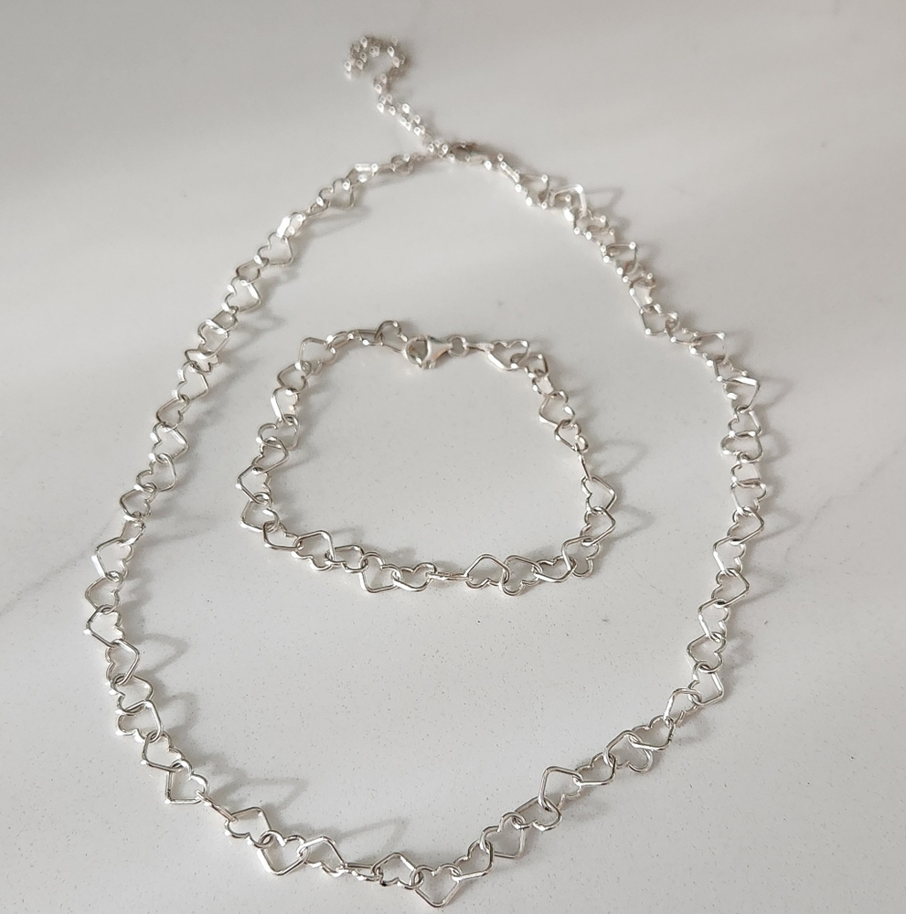 Vintage 925 Sterling Silver Heart Links Necklace and Bracelet- Made in Italy